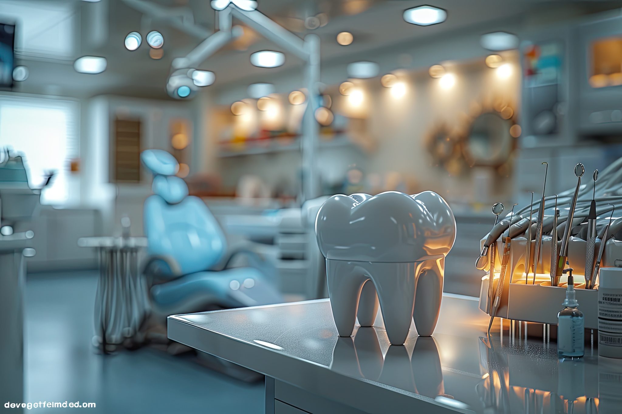 A close-up of a mockup tooth and dental tools on a trolley